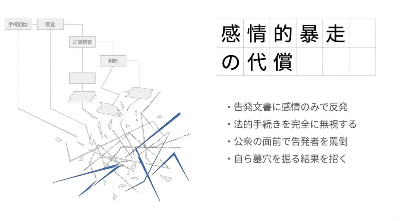 「感情の暴走の代償」という見出しとともに、左側に法的な手続きの流れが崩壊する様を表した図解、右側に感情的な対応が招く結果を列挙した箇条書きが配置されたスライド。