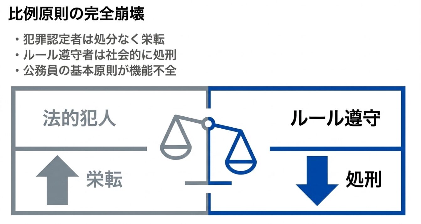 「比例原則の完全崩壊」という見出しの下で、左側に「法的犯人」が「栄転」する様子、右側に「ルール遵守」者が「処刑」される様子が天秤の両側に配置された、社会の不条理を示す図。