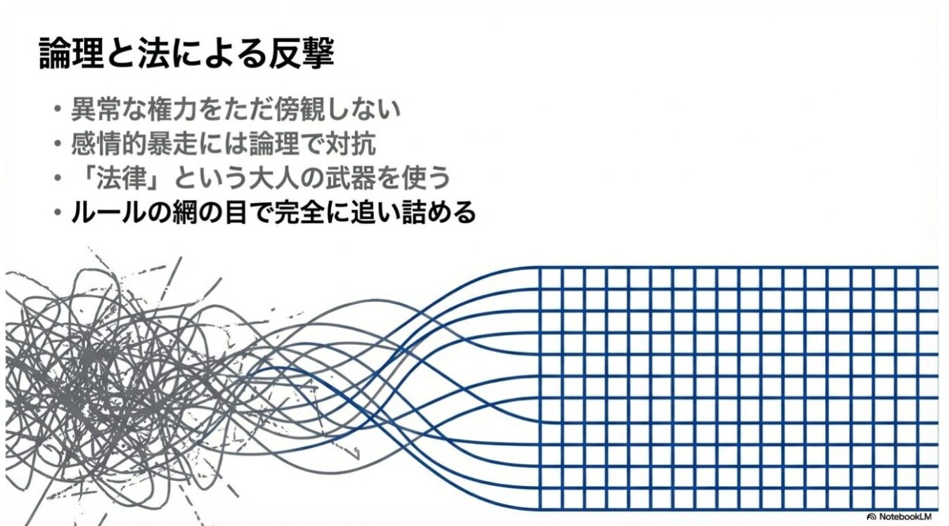 「論理と法による反撃」という見出しと4つの箇条書きのテキストの下に、複雑に絡み合った線が右側で整然とした格子状の網目に整理されていく様子を描いたイラスト。