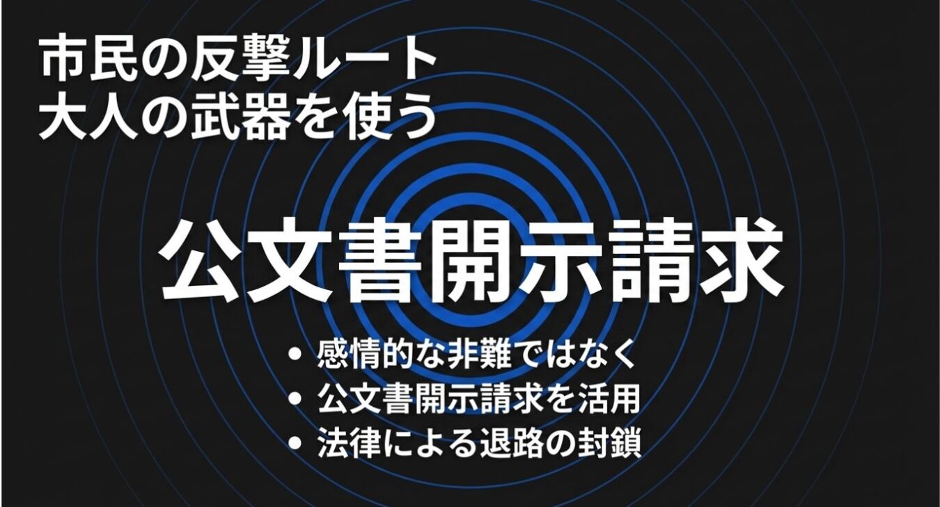 黒い背景に青い同心円が描かれ、上部に「市民の反撃ルート 大人の武器を使う」、中央に大きく「公文書開示請求」、下部に「・感情的な非難ではなく・公文書開示請求を活用・法律による退路の封鎖」と白い文字で記載された画像。
