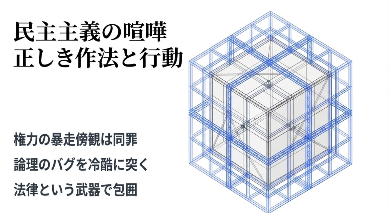 「民主主義の喧嘩 正しき作法と行動」というタイトルの下に、権力の暴走を批判する3つの短いフレーズが記され、その右側にワイヤーフレーム状の立方体の構造物が描かれています。