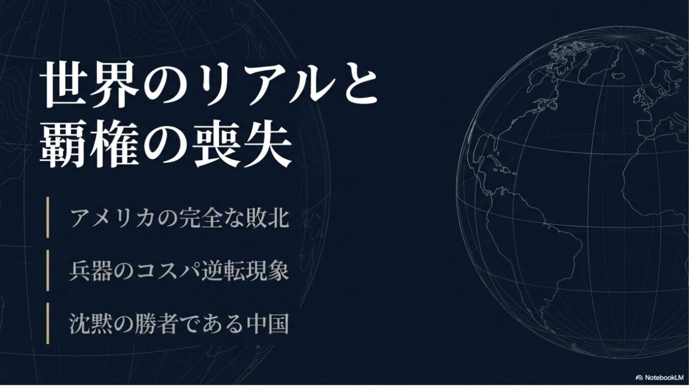 紺色の背景に世界地図が描かれ、「世界のリアルと覇権の喪失」というタイトルと、「アメリカの完全な敗北」「兵器のコスパ逆転現象」「沈黙の勝者である中国」という3つの項目が白文字で記載された図。
