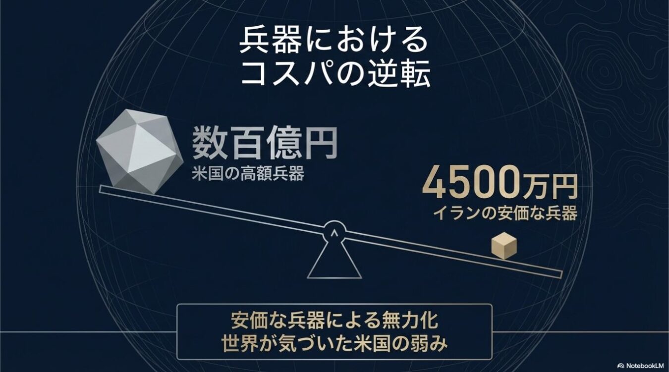 兵器におけるコストパフォーマンスの逆転をテーマに、数億円の米国の高額兵器と4500万円のイランの安価な兵器を天秤で比較し、安価な兵器による無力化という米国の弱みを指摘する図解。