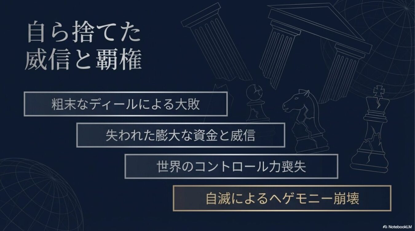 壊れた柱やチェスの駒が背景に描かれた暗い背景画像上に、「自ら捨てた威信と覇権」という見出しと、粗末なディールによる大敗、失われた資金と威信、世界のコントロール力喪失、自滅によるヘゲモニー崩壊という4つの項目がステップ状に配置されています。