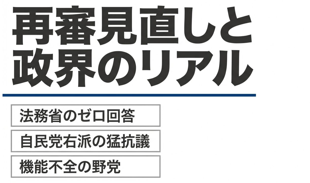 「再審見直しと政界のリアル」という見出しの下に、「法務省のゼロ回答」「自民党右派の猛抗議」「機能不全の野党」という3つの項目が並んでいる画像。