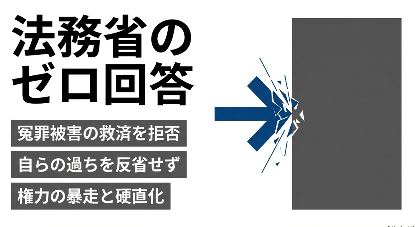 「法務省のゼロ回答」という大きな文字と、「冤罪被害の救済を拒否」「自らの過ちを反省せず」「権力の暴走と硬直化」という箇条書き、および右側で矢印が壁に衝突して砕けている図形が描かれた画像。