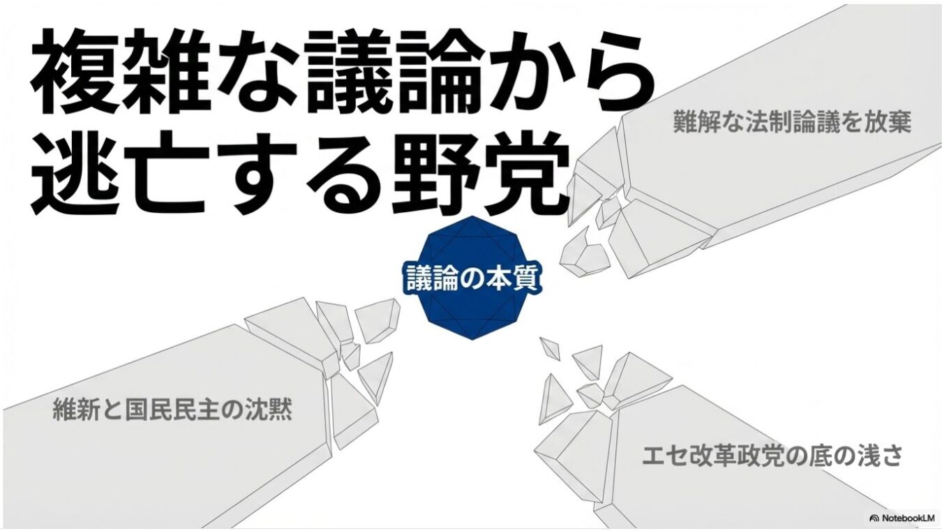 「議論の本質」と書かれた青い多面体が中心にあり、その周囲で砕けた灰色の構造物が「複雑な議論から逃亡する野党」「難解な法制論議を放棄」「維新と国民民主の沈黙」「エセ改革政党の底の浅さ」という文字と共に配置されている図。