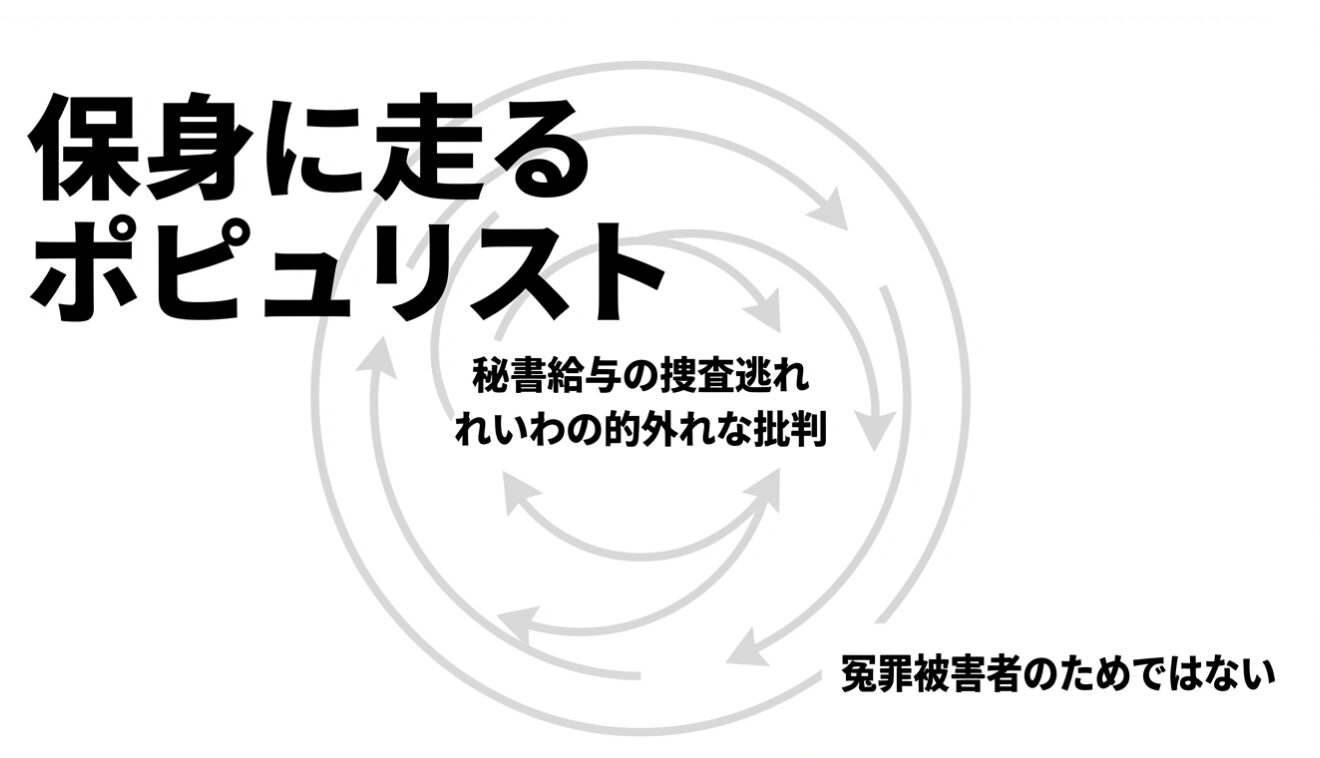 「保身に走るポピュリスト 秘書給与の捜査逃れ れいわの的外れな批判 冤罪被害者のためではない」というテキストが、渦巻き状の矢印を背景に記された画像。