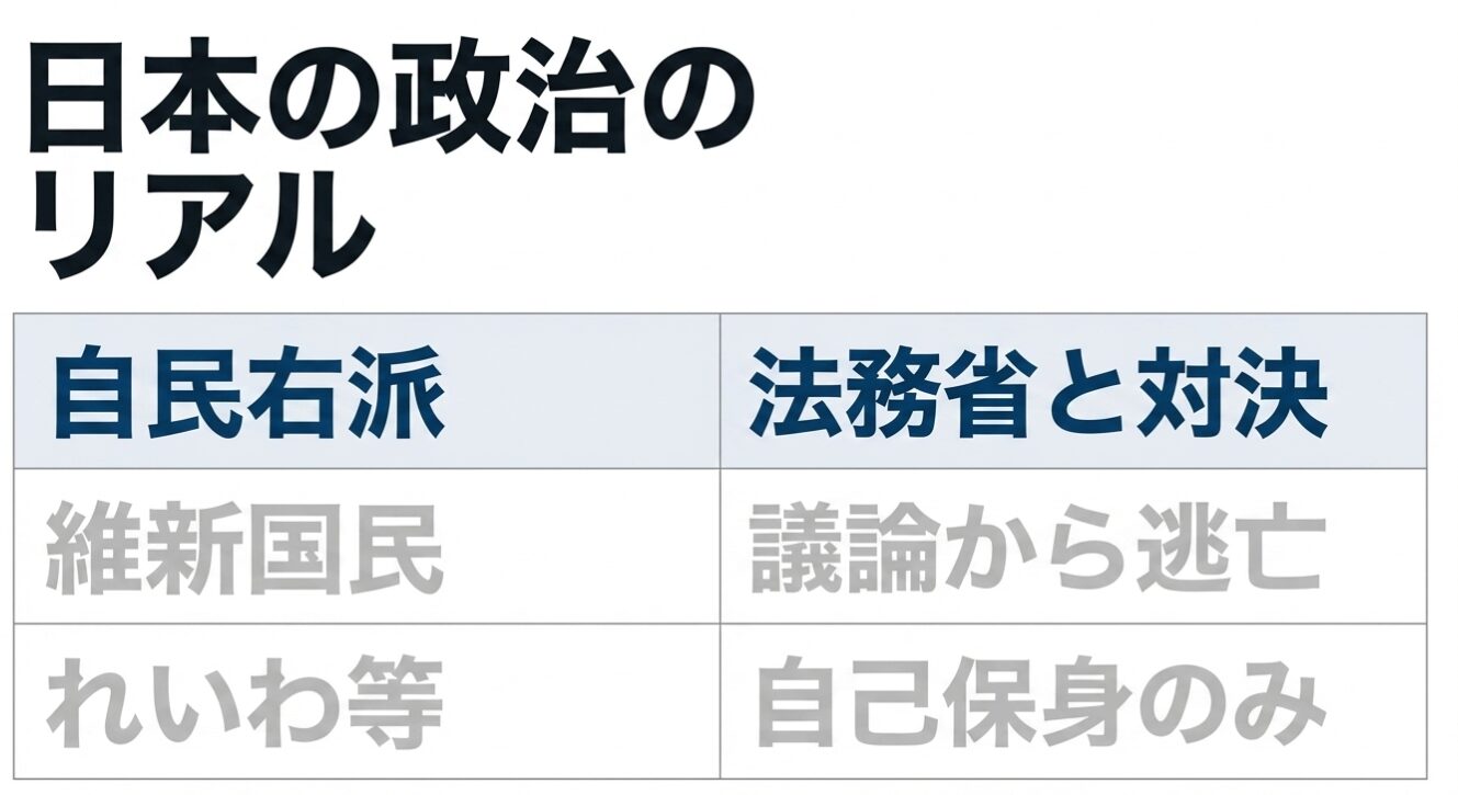 「日本の政治のリアル」というタイトルのもと、左列に政治勢力(自民右派、維新国民、れいわ等)、右列に対応するネガティブな評価(法務省と対決、議論から逃亡、自己保身のみ)を記載した3行の対照表。