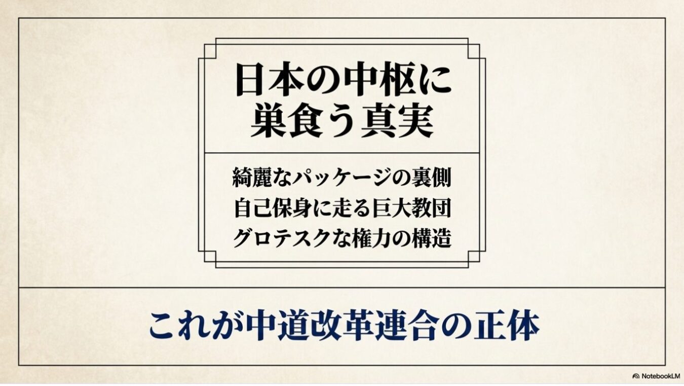 「日本の中枢に巣食う真実」「綺麗なパッケージの裏側 自己保身に走る巨大教団 グロテスクな権力の構造」「これが中道改革連合の正体」と書かれたテキストベースの画像。