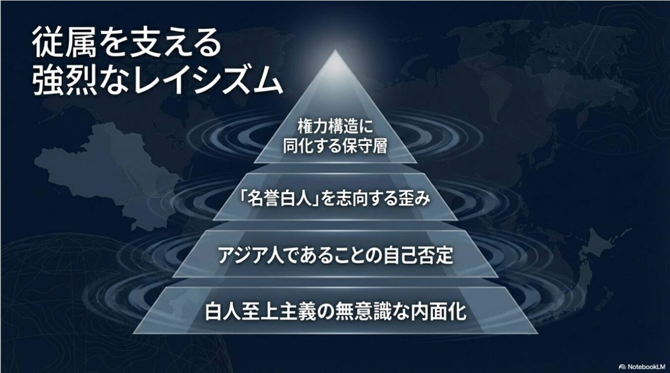 「従属を支える強烈なレイシズム」というタイトルのもと、白人至上主義の無意識な内面化から権力構造への同化まで、4段階に分かれたピラミッド図が描かれています。