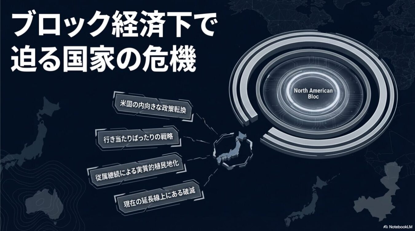 世界地図を背景に、日本が「北米ブロック」から孤立し、米国への内向きな政策転換や従属による実質的な植民地化などの危機的状況にあることを示す図解。