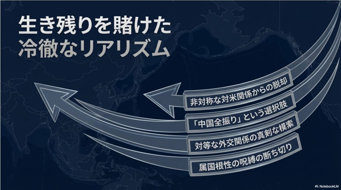 アジアの地図を背景に、「生き残りを賭けた冷徹なリアリズム」という見出しと、そこへ向かう4つの選択肢(非対称な対米関係からの脱却、「中国全振り」という選択肢、対等な外交関係の真剣な模索、属国根性の呪縛の断ち切り)が矢印の図形で示されたインフォグラフィック。