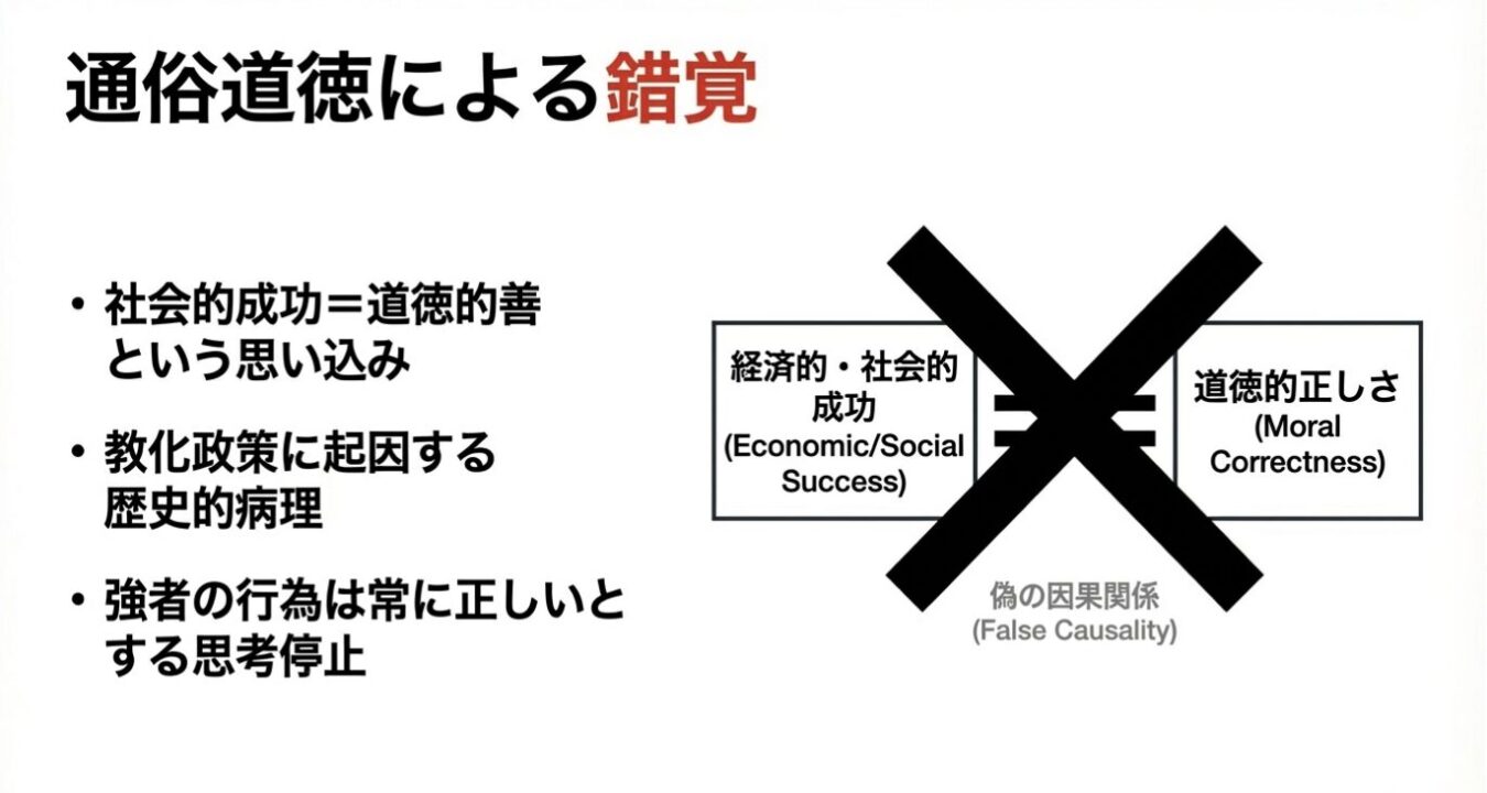 「通俗道徳による錯覚」という見出しの下に、社会的成功と道徳的正しさがイコールであるという思い込みは「偽の因果関係」であり誤りであるとする図解。