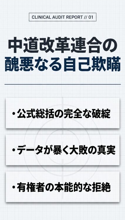 「中道改革連合の醜悪なる自己欺瞞」という大きな文字と、それに続く「公式総括の完全な破綻」「データが暴く大敗の真実」「有権者の本能的な拒絶」という3つの項目が記され た、方眼紙のような背景のグラフィック。