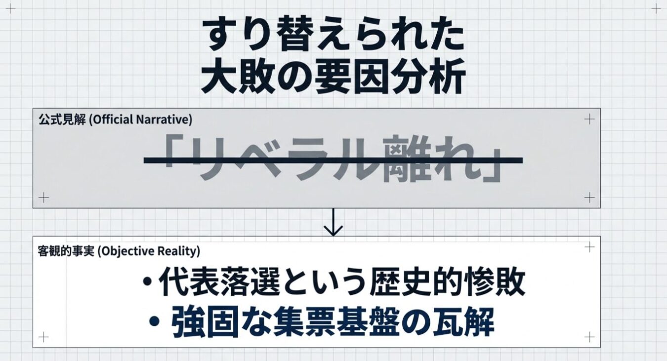 「すり替えられた大敗の要因分析」という見出しの下、公式見解として「リベラル離れ」が挙げられ、それに対し客観的事実として「代表落選という歴史的惨敗」と「強固な集票基盤の瓦解」が示された構成図。