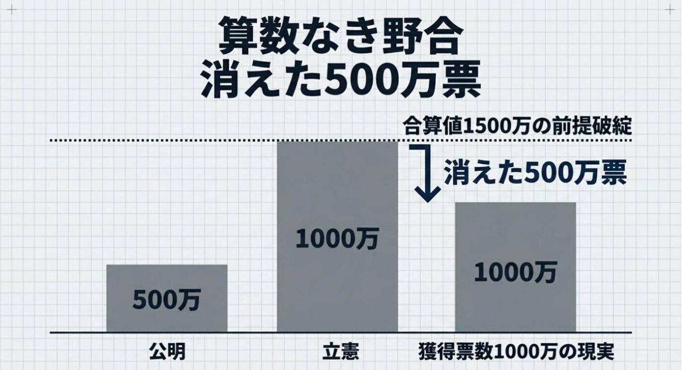 「公明」の500万票と「立憲」の1000万票を合算して1500万票という前提が崩れ、実際には1000万票に留まったことを示す比較棒グラフ。