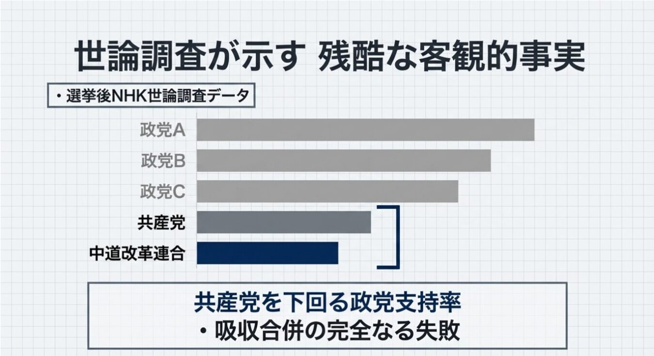 NHK世論調査に基づく政党支持率を示した棒グラフであり、共産党よりも中道改革連合の支持率が低いことを「吸収合併の完全なる失敗」と評している。