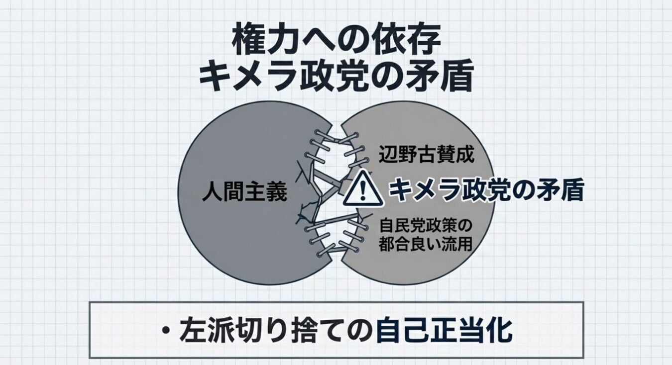 「権力への依存 キメラ政党の矛盾」と題し、人間主義を掲げつつ辺野古賛成や自民党政策の流用といった矛盾を抱えるキメラ政党を批判し、左派切り捨てを正当化する図解。