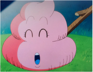 アニメ調のキャラクターであるピンク色の擬人化された排泄物が、棒の先に刺さった状態で描かれている様子。