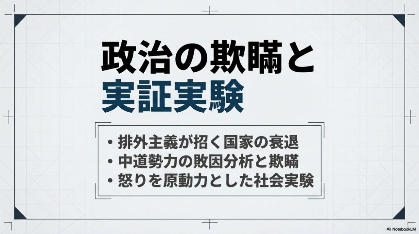 「政治の欺瞞と実証実験」という大きな見出しと、「排外主義が招く国家の衰退」「中道勢力の敗因分析と欺瞞」「怒りを原動力とした社会実験」という3つの項目が書かれたプレゼンテーションのスライド。