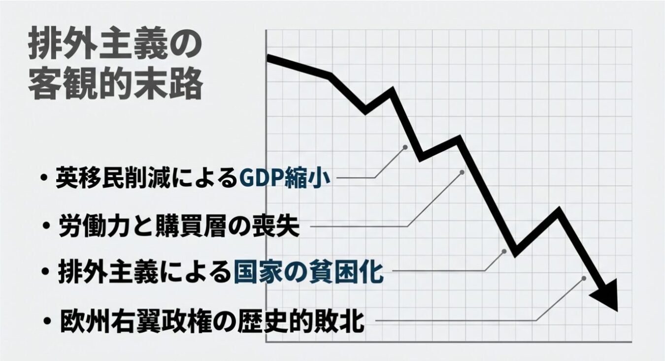 排外主義による社会の衰退を、右肩下がりの折れ線グラフと「GDP縮小」「労働力と購買層の喪失」「国家の貧困化」「右翼政権の敗北」という4つの要因で示した図。