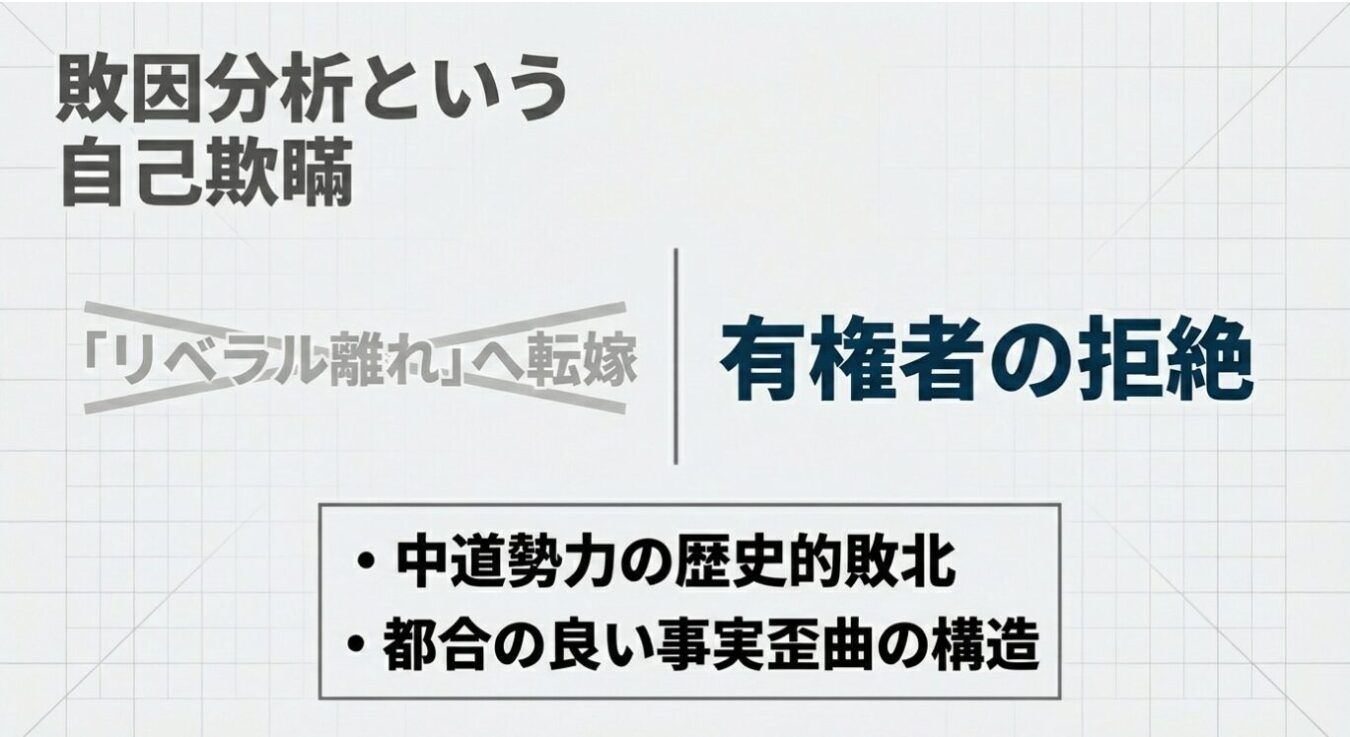 「敗因分析という自己欺瞞」という題目の下に、「リベラル離れ」という言葉に打ち消し線が引かれ、その右側に「有権者の拒絶」と記され、下部に「中道勢力の歴史的敗北」「都合の良い事実歪曲の構造」と箇条書きされたスライドの画像。