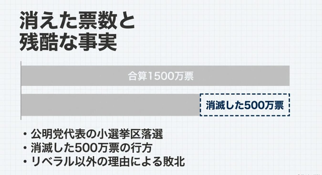 「消えた票数と残酷な事実」という見出しの下に、合算1500万票のうち消滅した500万票を示すグラフと、公明党代表の小選挙区落選、消滅した500万票の行方、リベラル以外の理由による敗北という3項目が記載されたスライド。