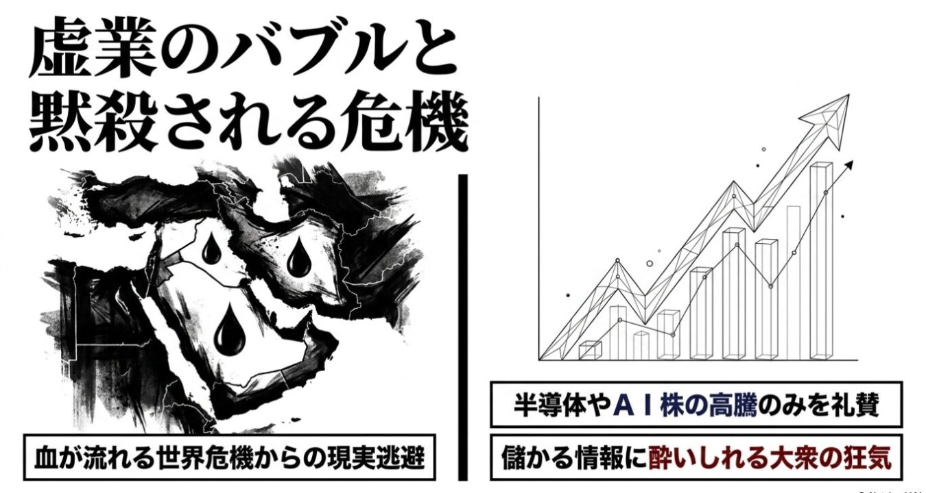 左側に中東地域に血のような雫が描かれた地図と「虚業のバブルと黙殺される危機」等の見出し、右側に上昇する株価チャートと「半導体やAI株の高騰のみを礼賛」等のテキストが配置された、社会の不均衡を批判する構成のイラスト。