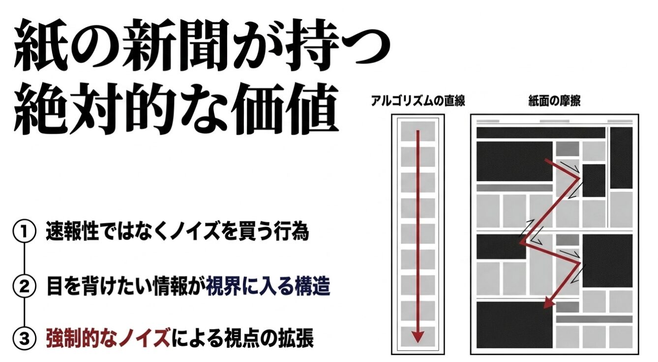 紙の新聞が持つ価値として「速報性ではなくノイズを買う」「意図しない情報が目に入る構造」「視点の拡張」の3点を挙げ、Webの直線的なアルゴリズムと比較して、新聞紙面の視線の動きを図解したインフォグラフィック。