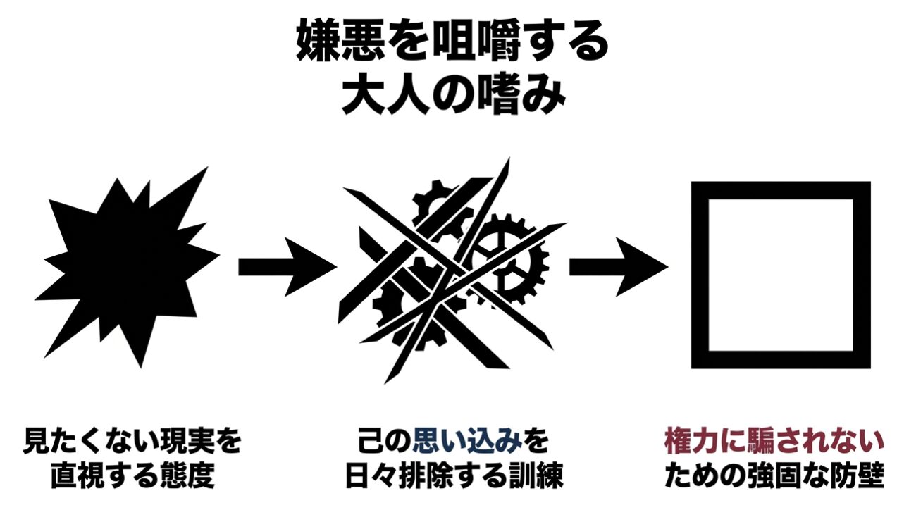 「嫌悪を咀嚼する大人の嗜み」というタイトルの下に、左から「見たくない現実を直視する態度」を示すトゲのある形状、「己の思い込みを日々排除する訓練」を示す歯車に斜線が引かれた図、「権力に騙されないための強固な防壁」を示す正方形の枠が、矢印で結ばれている図解。