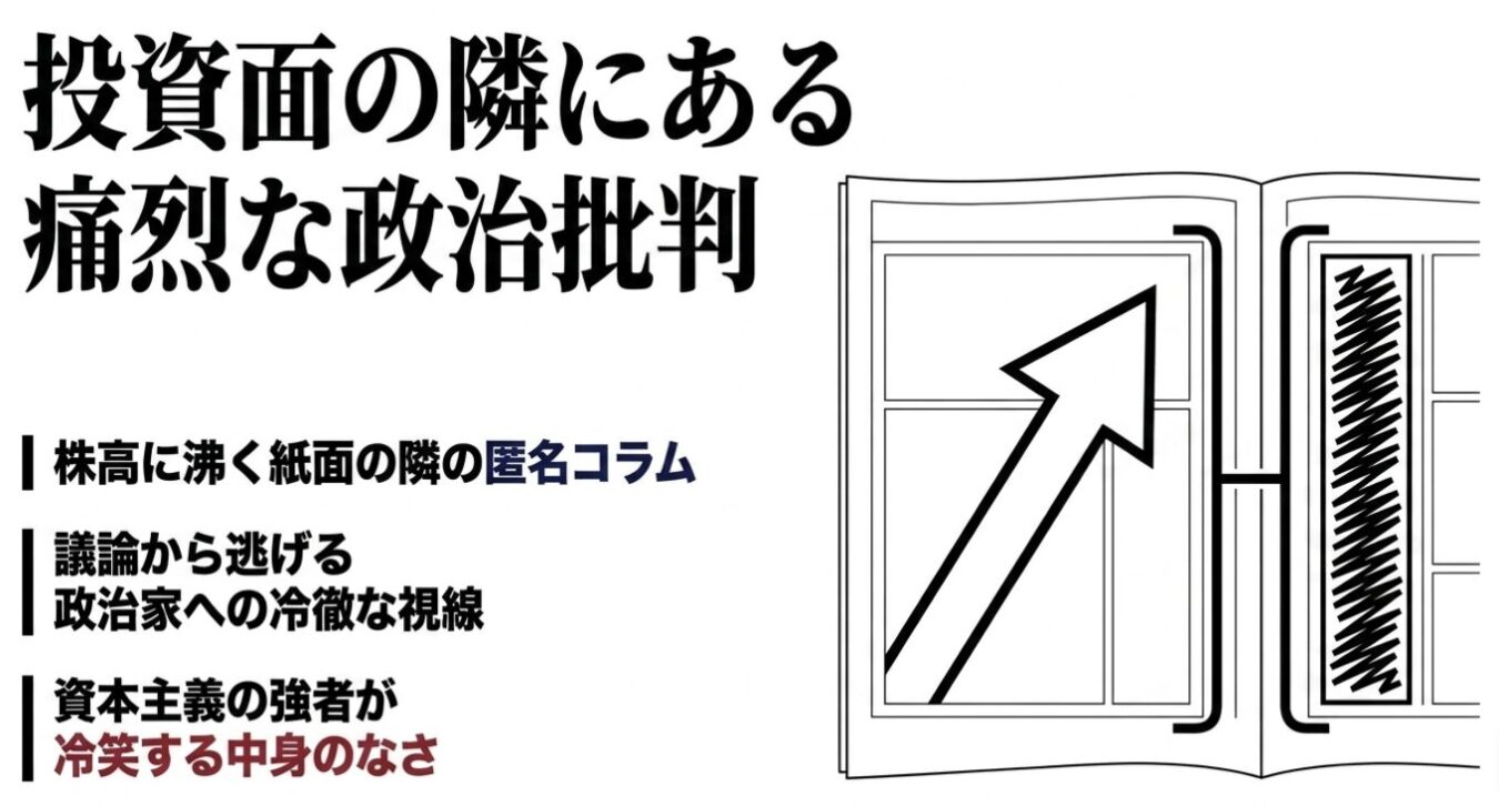 新聞の紙面を模したイラストの隣に「投資面の隣にある痛烈な政治批判」というタイトルと、紙面構成への批判的な視点を示す3つの項目が並んでいる画像。