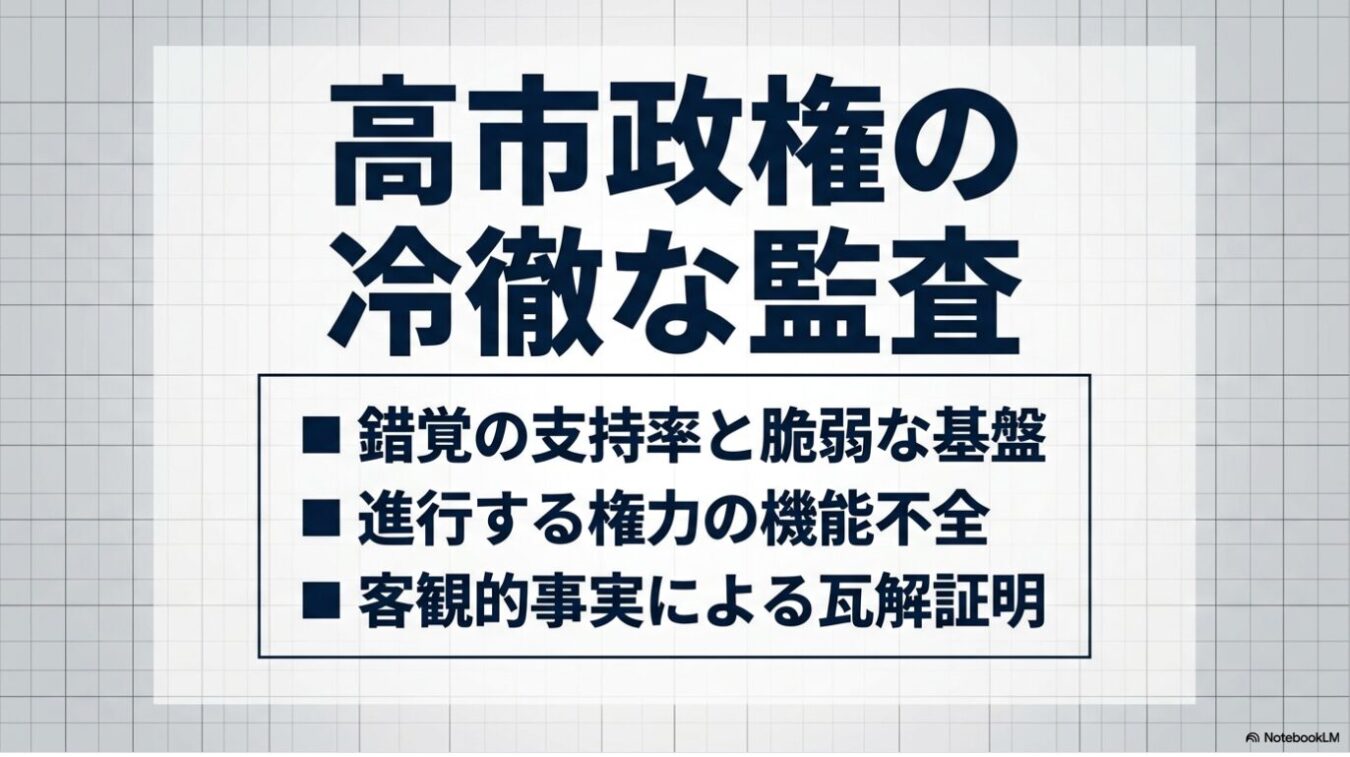 「高市政権の冷徹な監査」という題名の下に、「錯覚の支持率と脆弱な基盤」「進行する権力の機能不全」「客観的事実による瓦解証明」の3項目が箇条書きで記された、方眼背景のプレゼンテーションスライド。