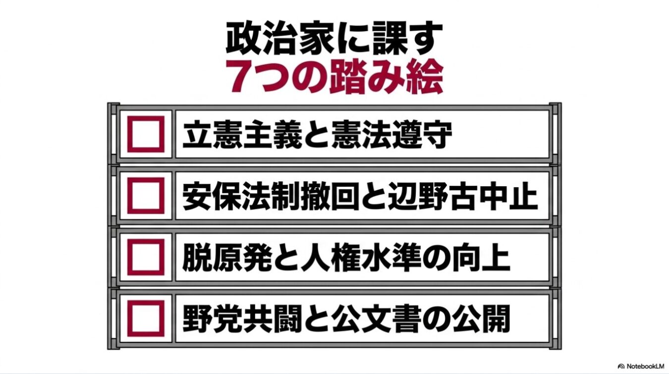 「政治家に課す7つの踏み絵」という見出しの下に、4つの項目がチェックボックス付きでリスト化された図。