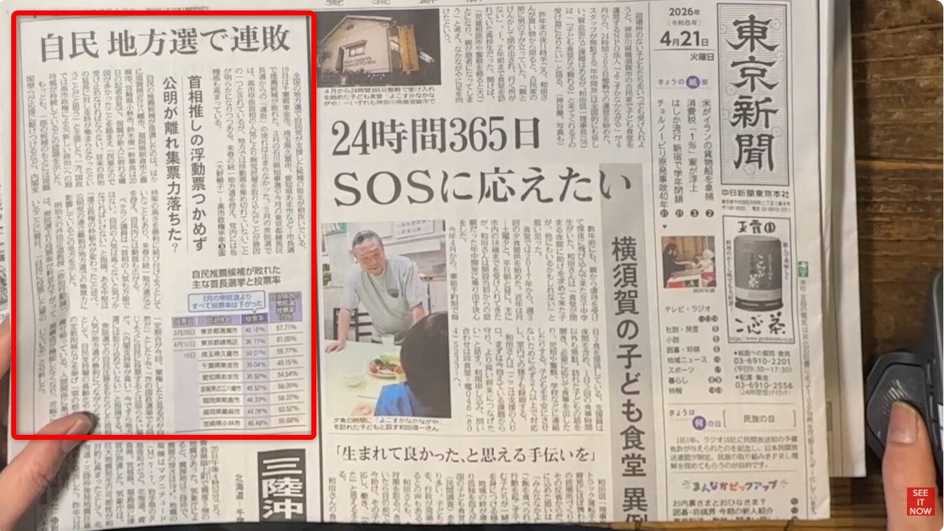 2026年4月21日付の東京新聞朝刊一面で、自民党の地方選挙連敗を報じる記事と、横須賀市の子ども食堂に関する特集記事が掲載されています。
