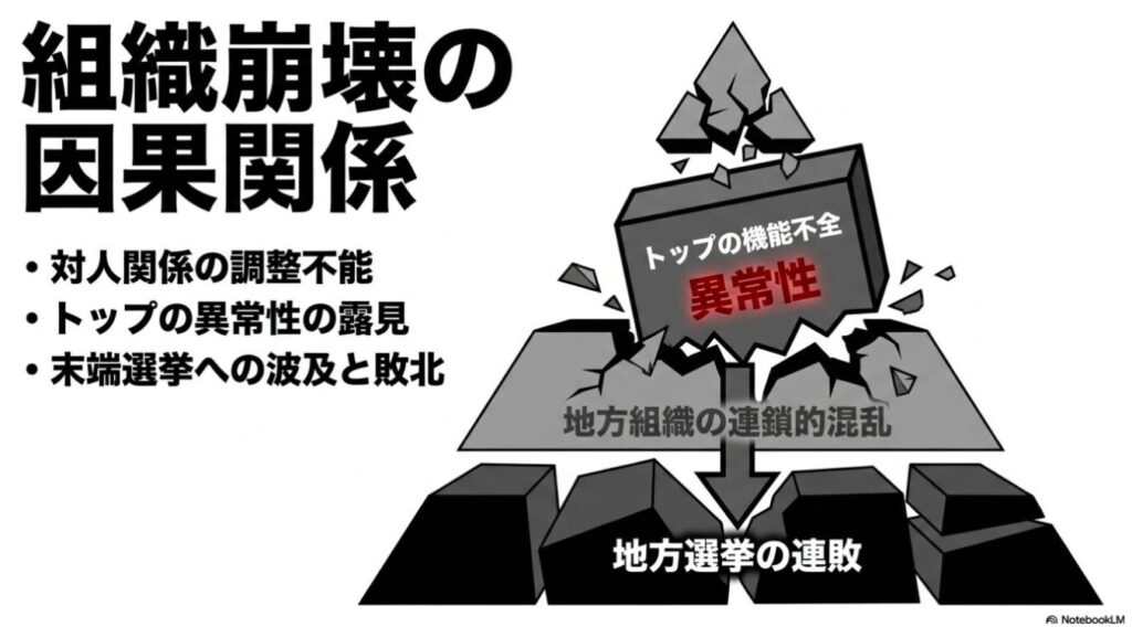 組織のトップの機能不全による異常性が、地方組織の混乱と地方選挙の連敗を招くという崩壊の因果関係を示した図解。
