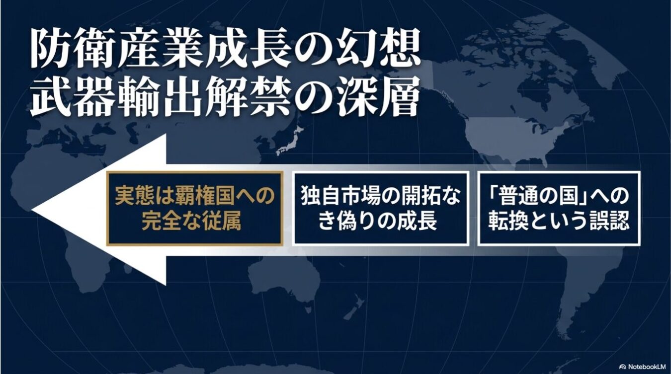 防衛産業の成長や武器輸出解禁に関する批判的な見解を示した図解で、中央の矢印に「実態は覇権国への完全な従属」「独自市場の開拓なき偽りの成長」「『普通の国』への転換という誤認」という3つの主張が並んでいる。