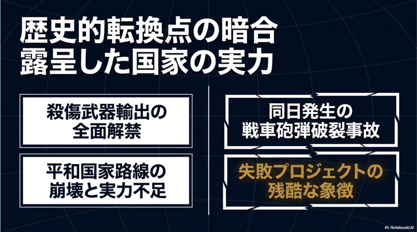 「歴史的転換点の暗合 露呈した国家の実力」という見出しの下に、「殺傷武器輸出の全面解禁」「平和国家路線の崩壊と実力不足」「同日発生の戦車砲弾破裂事故」「失敗プロジェクトの残酷な象徴」の4項目が示された対比構造のインフォグラフィック。