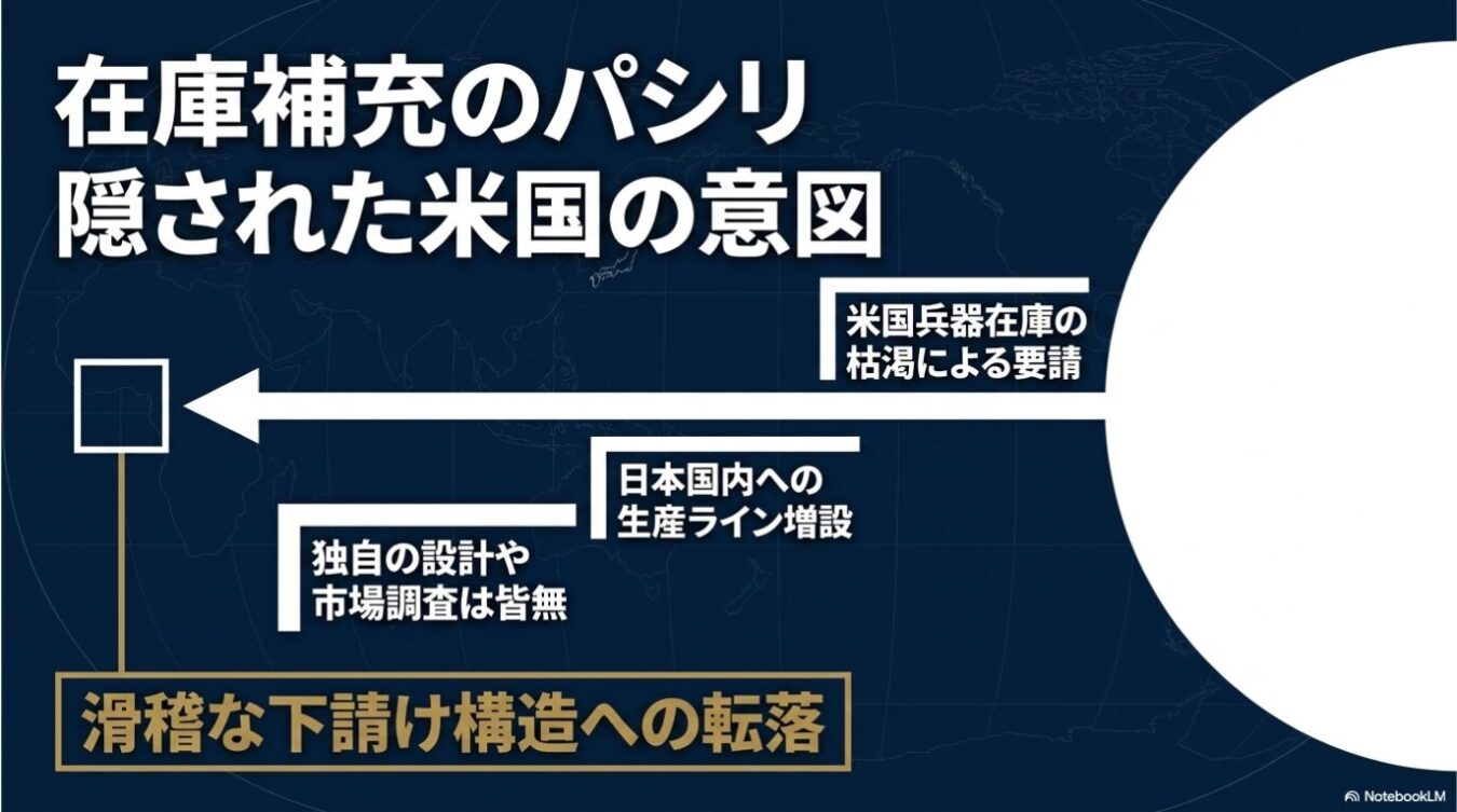 米国の兵器在庫枯渇に伴う日本への生産ライン増設要求と、それに伴う日本が下請け構造へと転落する懸念を批判的に図解したスライド。