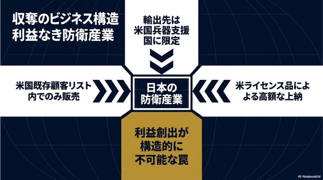 日本の防衛産業が米国への依存によって利益を得られない「収奪のビジネス構造」にあることを示す図解。