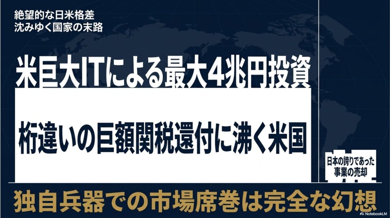 絶望的な日米格差や米巨大IT企業による4兆円投資、巨額の関税還付、日本事業の売却、独自兵器の幻想について論じる、世界地図を背景にしたテキスト主体の画像。