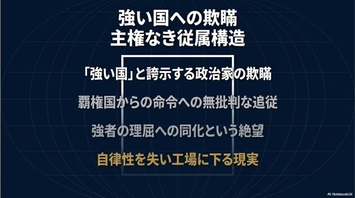 「強い国への欺瞞」という題名の下に、「主権なき従属構造」や「『強い国』と誇示する政治家の欺瞞」、「覇権国からの命令への無批判な追従」といった政治的批判を並べたスライドの文字情報。