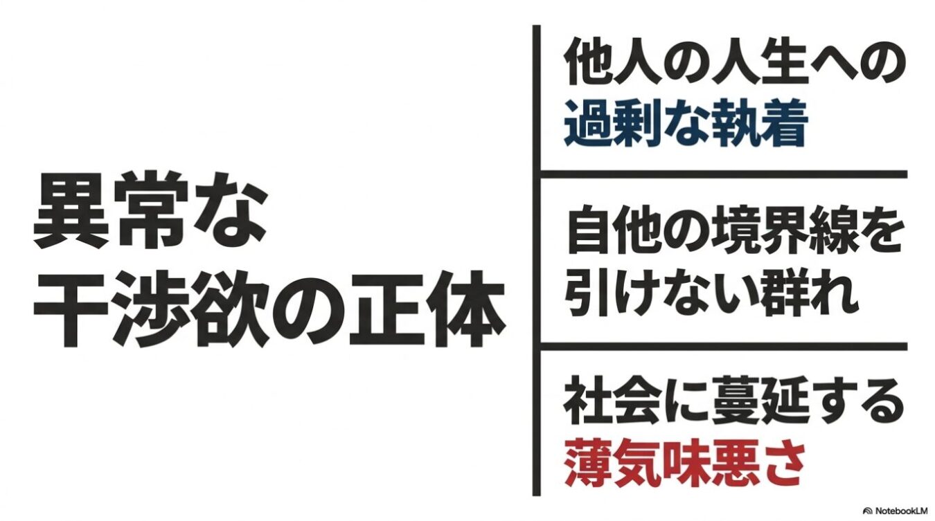 「異常な干渉欲の正体」というメインタイトルの横に、「他人の人生への過剰な執着」「自他の境界線を引けない群れ」「社会に蔓延する薄気味悪さ」という3つの項目が並んでいる図。