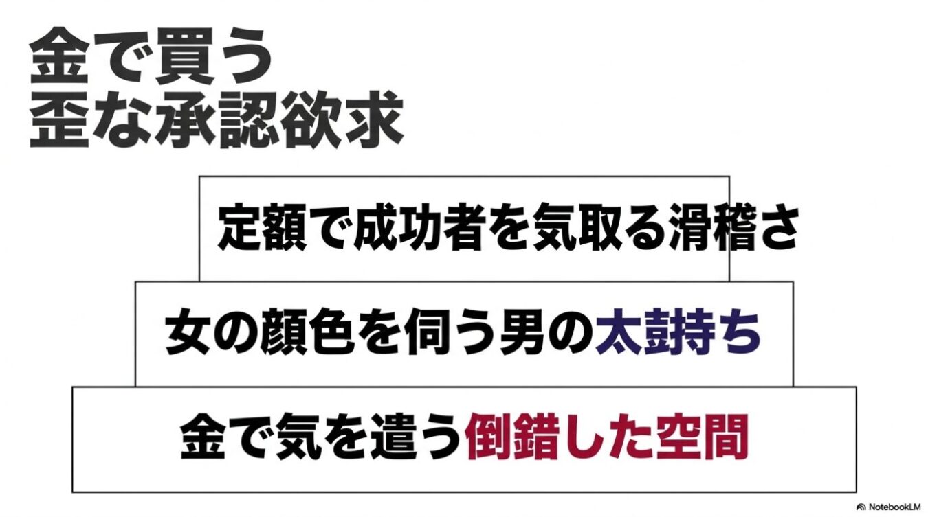 「金で買う歪な承認欲求」という大きな見出しの下に、「定額で成功者を気取る滑稽さ」「女の顔色を伺う男の太鼓持ち」「金で気を遣う倒錯した空間」という3つの文が階層状に配置されたテキスト画像。