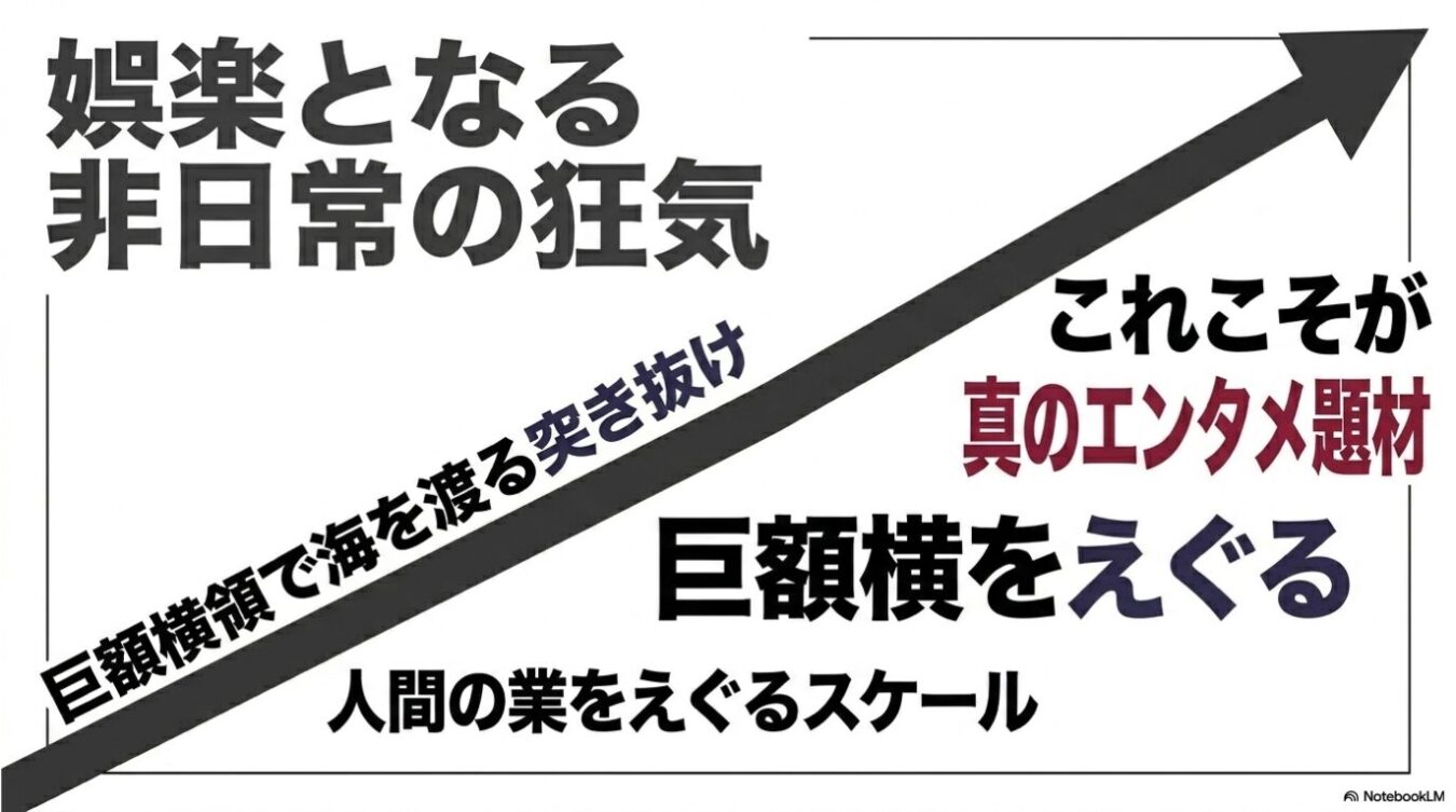 「娯楽となる非日常の狂気」を大きな見出しとし、右肩上がりの矢印とともに「巨額横領で海を渡る突き抜け」「これこそが真のエンタメ題材」「巨額横をえぐる」「人間の業をえぐるスケール」というテキストが配置された、ノートブックLMのロゴが入ったグラフィック。