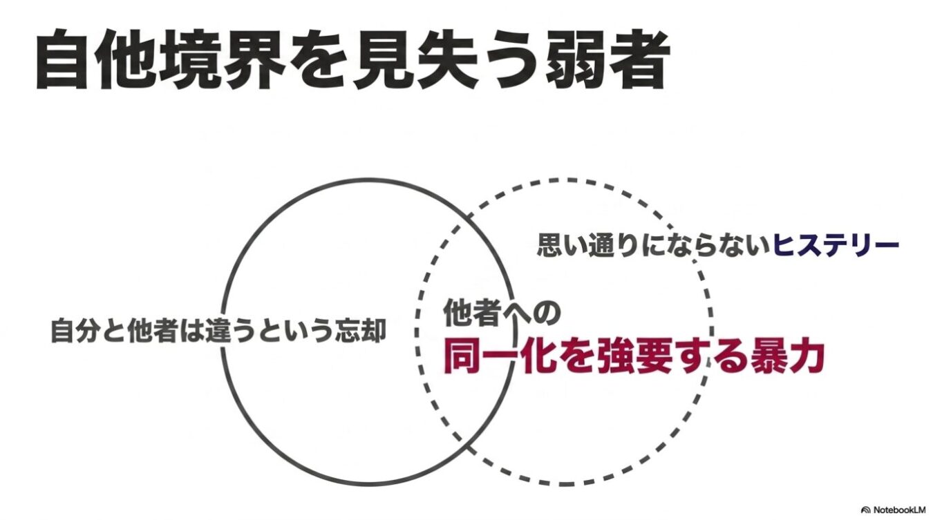 自他境界を見失う弱者をテーマに、重なり合う2つの円と「自分と他者は違うという忘却」「思い通りにならないヒステリー」「他者への同一化を強要する暴力」という言葉が記された図解。