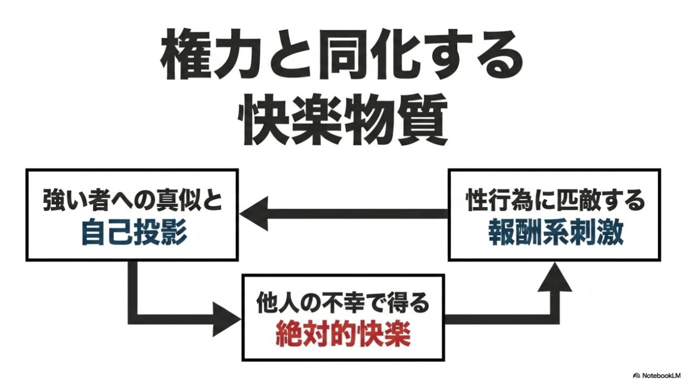 「強い者への真似と自己投影」、「他人の不幸で得る絶対的快楽」、「性行為に匹敵する報酬系刺激」の3つの要素が矢印で循環し、「権力と同化する快楽物質」というタイトルが付けられた図解。