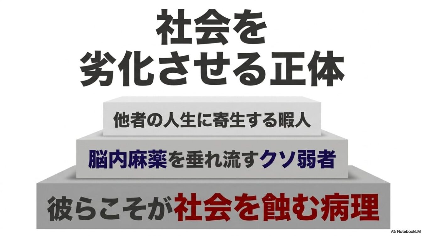 「社会を劣化させる正体」というタイトルの下に、「他者の人生に寄生する暇人」「脳内麻薬を垂れ流すクソ弱者」「彼らこそが社会を蝕む病理」と書かれた3段の階段状の図。