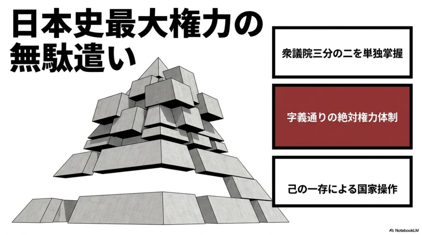 「日本史最大権力の無駄遣い」という見出しと共に、積み木状のコンクリートブロックが浮遊して構成されたピラミッドの図と、その右側に「衆議院三分の二を単独掌握」「字義通りの絶対権力体制」「己の一存による国家操作」という3つの項目が並べられたインフォグラフィック。