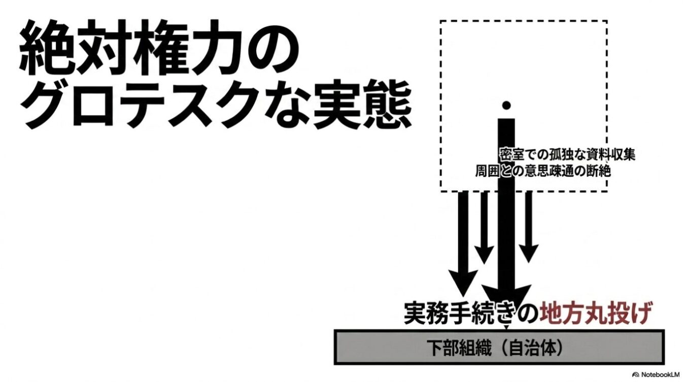 「絶対権力のグロテスクな実態」という大見出しの下に、密室での孤立した意思決定から下部組織（自治体）へ実務を丸投げする一方向的な権力構造を図解した図。